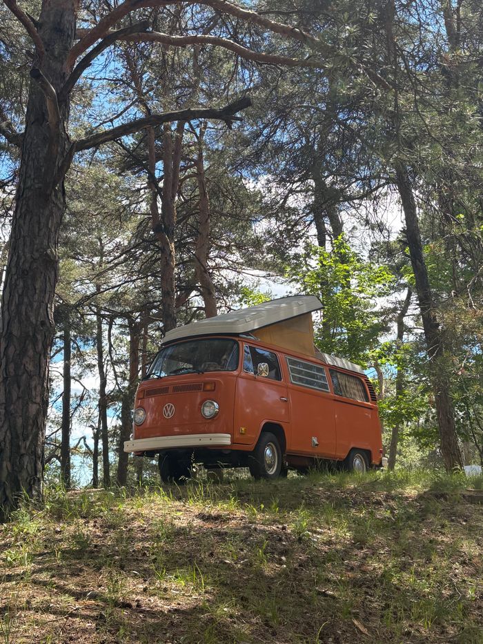A classic orange campervan parked in a scenic forest in Clarington, Ontario, Canada.